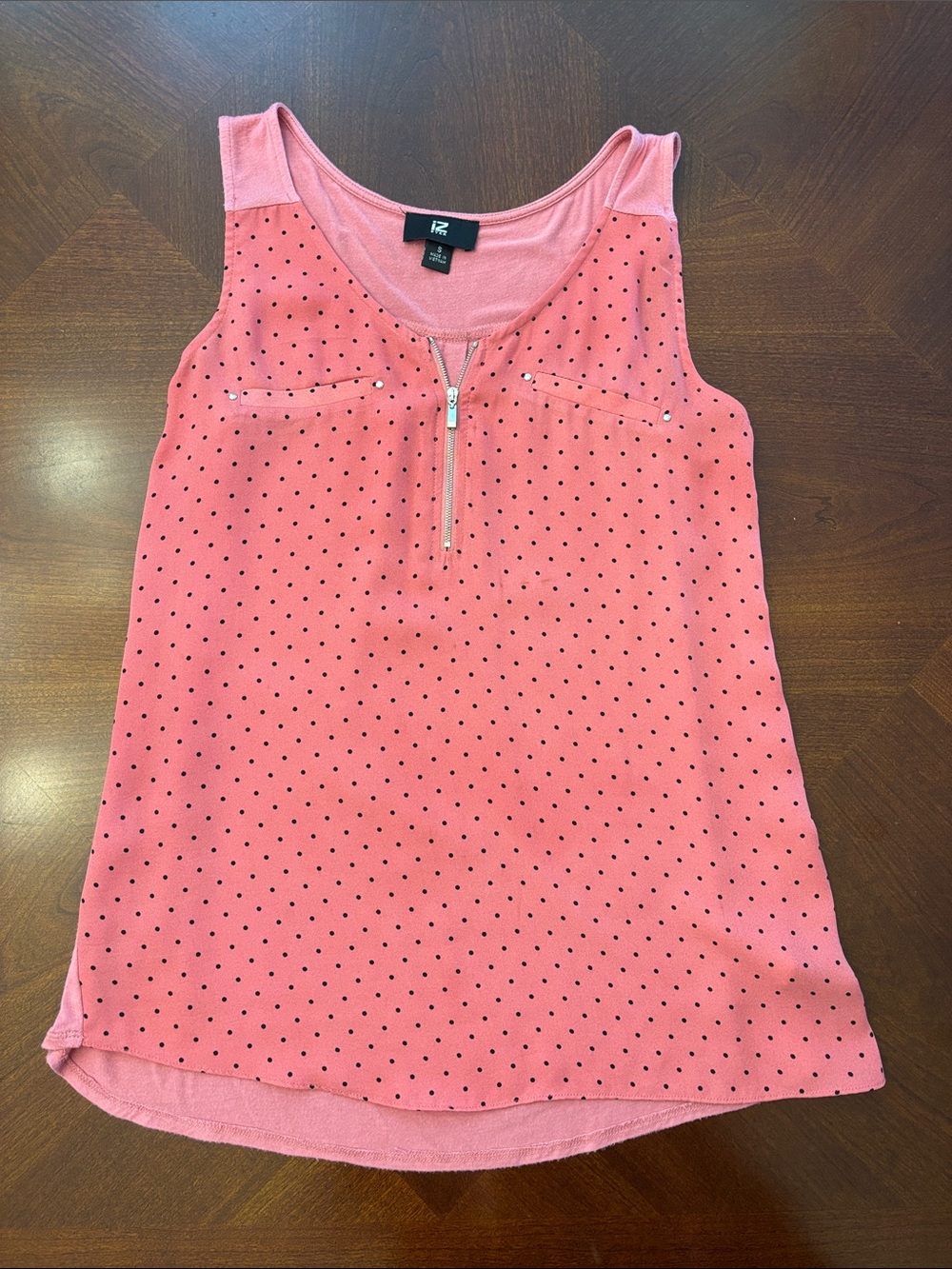 Iz Byer Coral Pink Polka Dot Zip-Front Tank